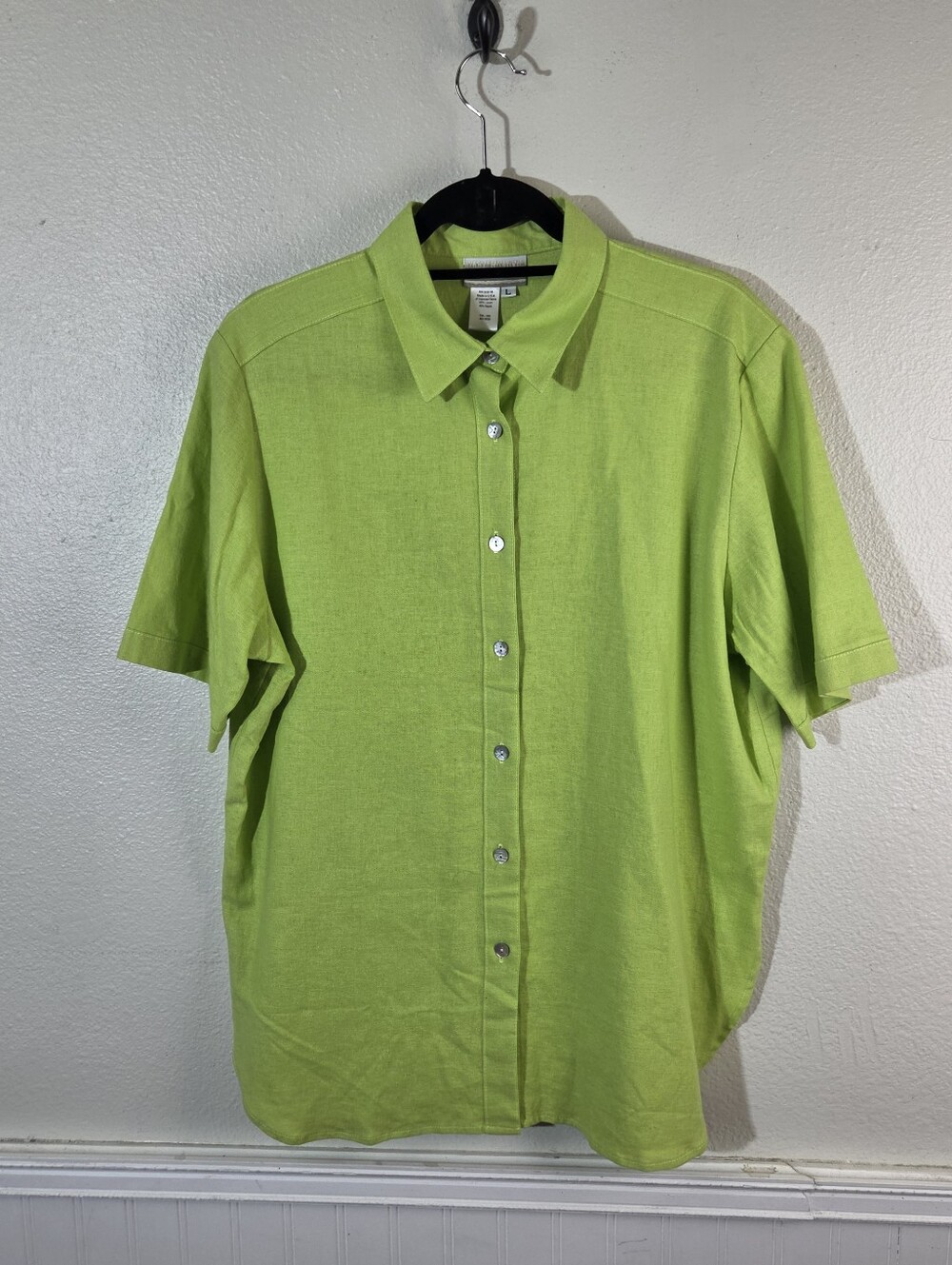 Coldwater Creek Linen Blend Shirt Womens L Lime Green Button Up Short Sleeve
